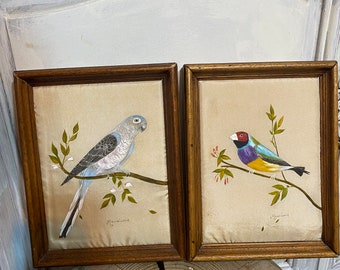 two old French paintings of birds on silk 22x17.5 with the author's signature