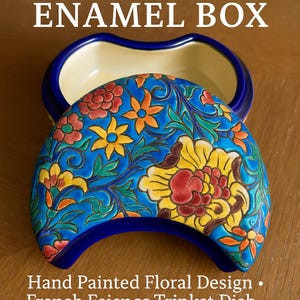 Antique Longwy Enamel Box – Hand Painted Floral Design – French Faience Trinket Dish – Art Deco Oriental Style – c.1920s