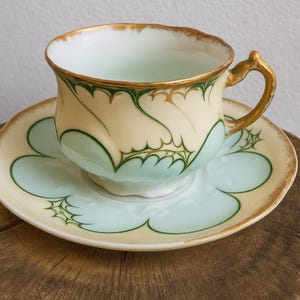 Antique Art Nouveau Porcelain Cup Saucer – Pale Blue & Gold Floral Relief – Unmarked French or German c. 1900