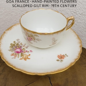 Antique French Porcelain Cup and Saucer – GOA France – Hand-Painted Flowers – Scalloped Gilt Rim – 19th Century
