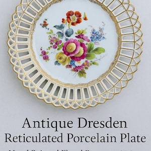 Antique Dresden plate made of mesh porcelain with hand painting, flower bouquet, 20.5 cm, gold plated, Germany - chip marking