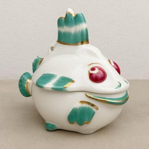 Mid-Century French Fish Jar: Hand-Painted Barbotine Ceramic, Gold Detail