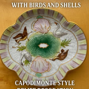 Antique Hand-Painted Porcelain Dish with Birds and Shells – Capodimonte Style – Relief Decoration – 19th Century