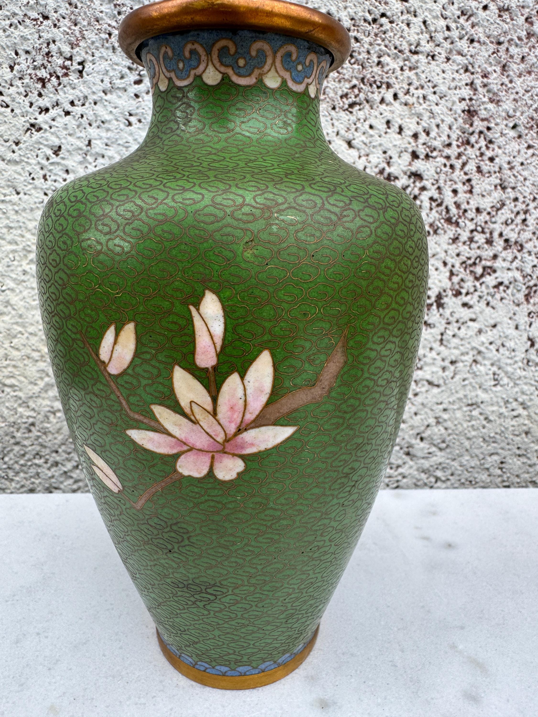 アンティーク中国七宝花瓶：緑エナメルの花と鳥 - 20世紀初頭 - Etsy 日本