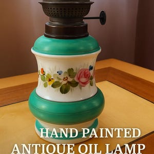 Antique Bohemian Oil Lamp – Hand Painted Floral Porcelain – ca. 1900 – Green & White Ceramic Kerosene Lamp