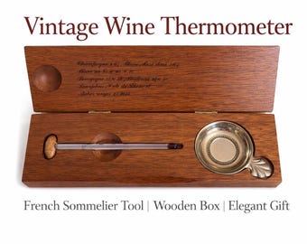 Vintage Wine Thermometer in Wooden Box, French Sommelier Tool, Barware Gift, Wine Lover Accessory, Elegant Gift Idea