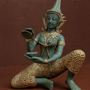 Vintage thailändische Göttinnenstatue – vergoldete Apsara-Tänzerin – 14 cm – patinierte Skulptur