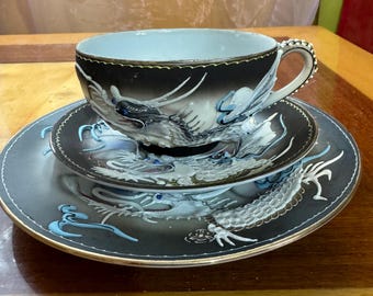 lithophane tea cup with geisha saucer and dessert plate