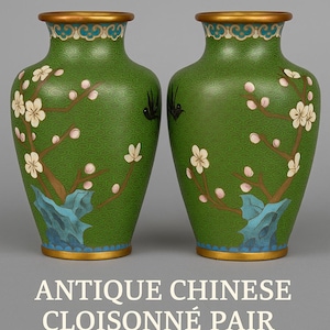 Antique Chinese Cloisonné Vases: Green Enamel Blossoms & Birds - Early 20th Century