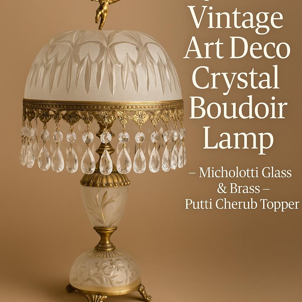 Vintage Art Deco Boudoir Lamp: Michelotti Crystal, Brass Cherub