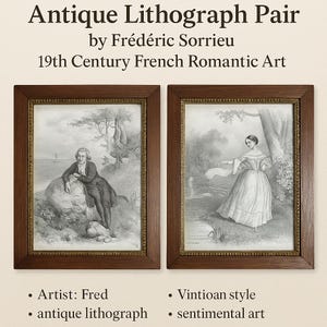 Antiek lithografiepaar van Frédéric Sorrieu – 19e-eeuwse Franse romantische kunst – Lovers in Nature – Lith. Guillet – ingelijst: 20,5 x 14,5 cm
