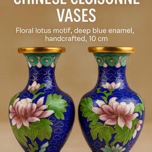 Vintage Chinese Cloisonné Vases: Lotus Floral Motif, Cobalt Blue Enamel