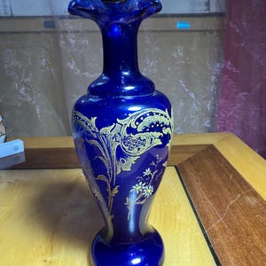 cobalt glass vase with enamel decor DLG Theodore Legras