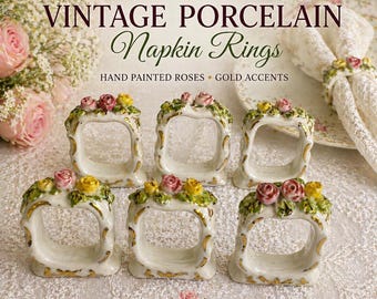 Vintage Porcelain Napkin Rings – Hand-Painted Roses, Gold Gilt Floral Holders