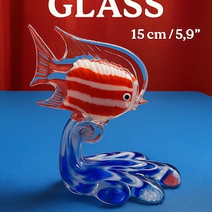 Murano Glass Fish Figurine: Hand-Blown Striped Angel Fish on Blue Wave