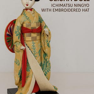 Vintage Japanese Geisha Doll – Ichimatsu Ningyo with Embroidered Hat – Mid-Century Handmade Japan