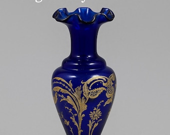 Antico vaso francese in vetro cobalto con smalto e doratura – stile Legras – 23 cm
