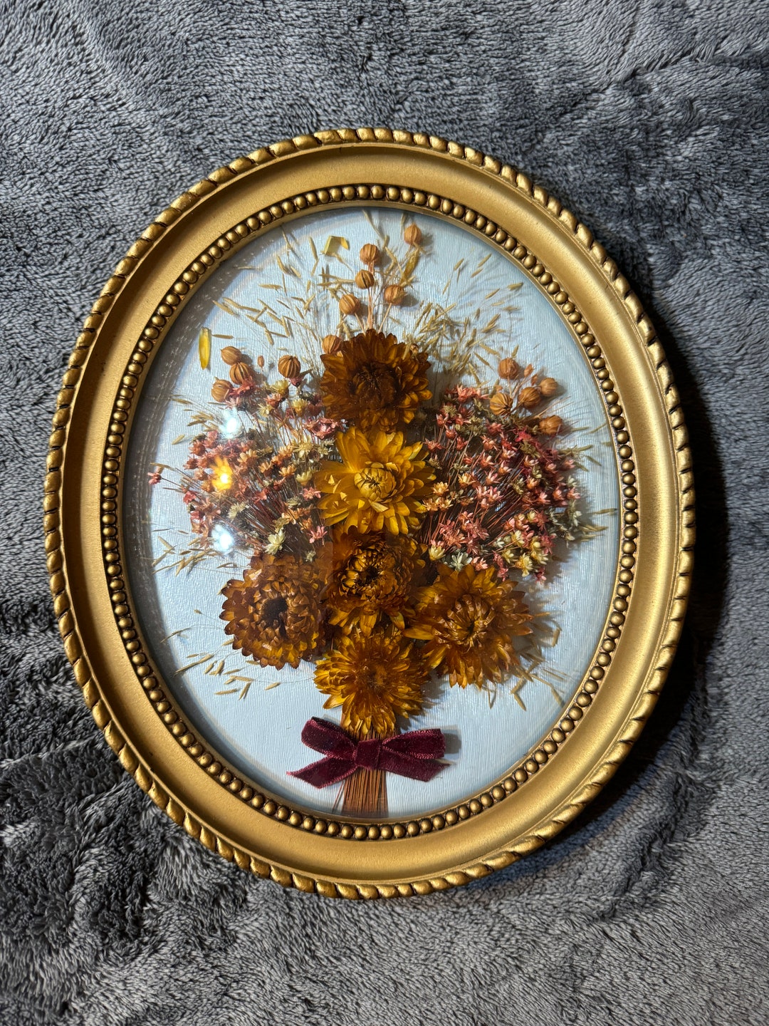 Old Oval Curved Glass Frame Medallion Bouquet of Dried Flowers 27x23 Cm