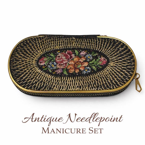 Antique Needlepoint Manicure Set 13 cm – Edwardian Travel Manicure Kit – Floral Embroidery – Germany Tools