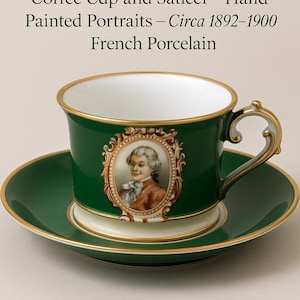 Rare Antique Limoges Coffee Cup and Saucer – Hand Painted Portraits – Circa 1892–1900 – French Porcelain