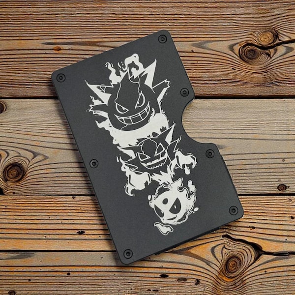 Gengar Pokemon minimalistische gegraveerde zwarte metalen portemonnee | Portemonnee voor heren | Cadeau-ideeën voor hem | RFID-blokkering | Modieuze portemonnee | Geldclip