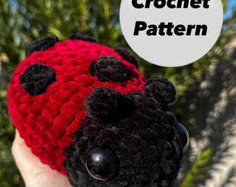 May include: A handmade, plush ladybug in red and black, with large black eyes. The ladybug is crocheted and has a soft, textured appearance. The image includes the text "Crochet Pattern" in a white circle.