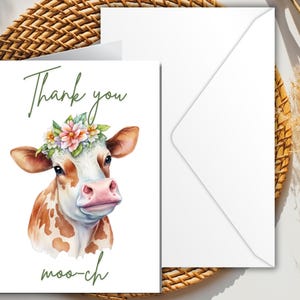 Carte imprimable de remerciement | Carte de meuglement vache | Carte de téléchargement numérique instantanée | 5 x 7 po. |Modèle de carte de voeux