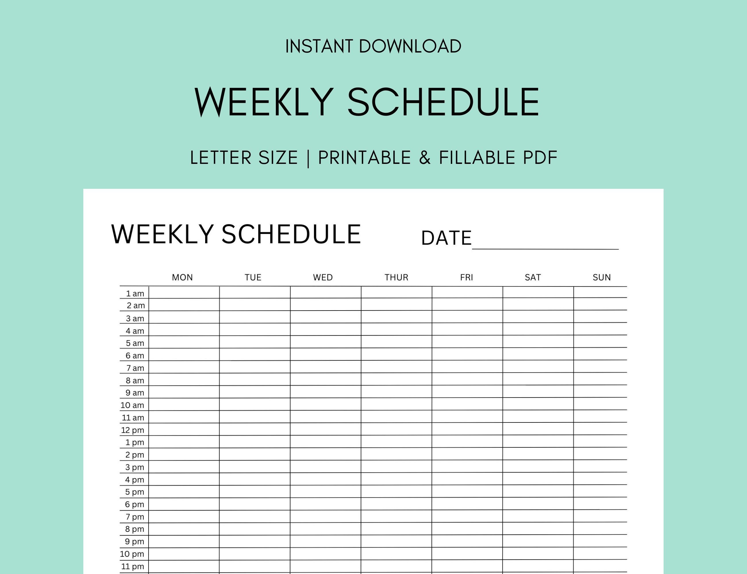 Weekly Schedule Printable Template Hour by Hour Tracker - Etsy
