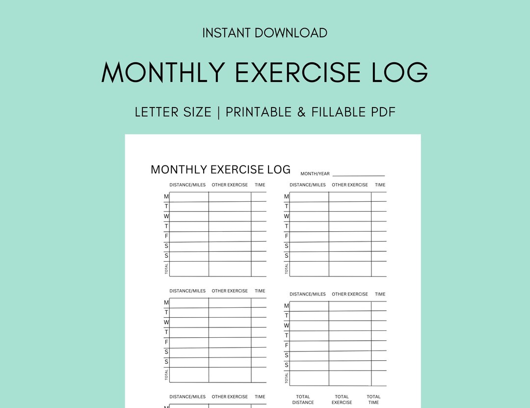 Monthly Exercise Log Printable Template Walking Running Etsy
