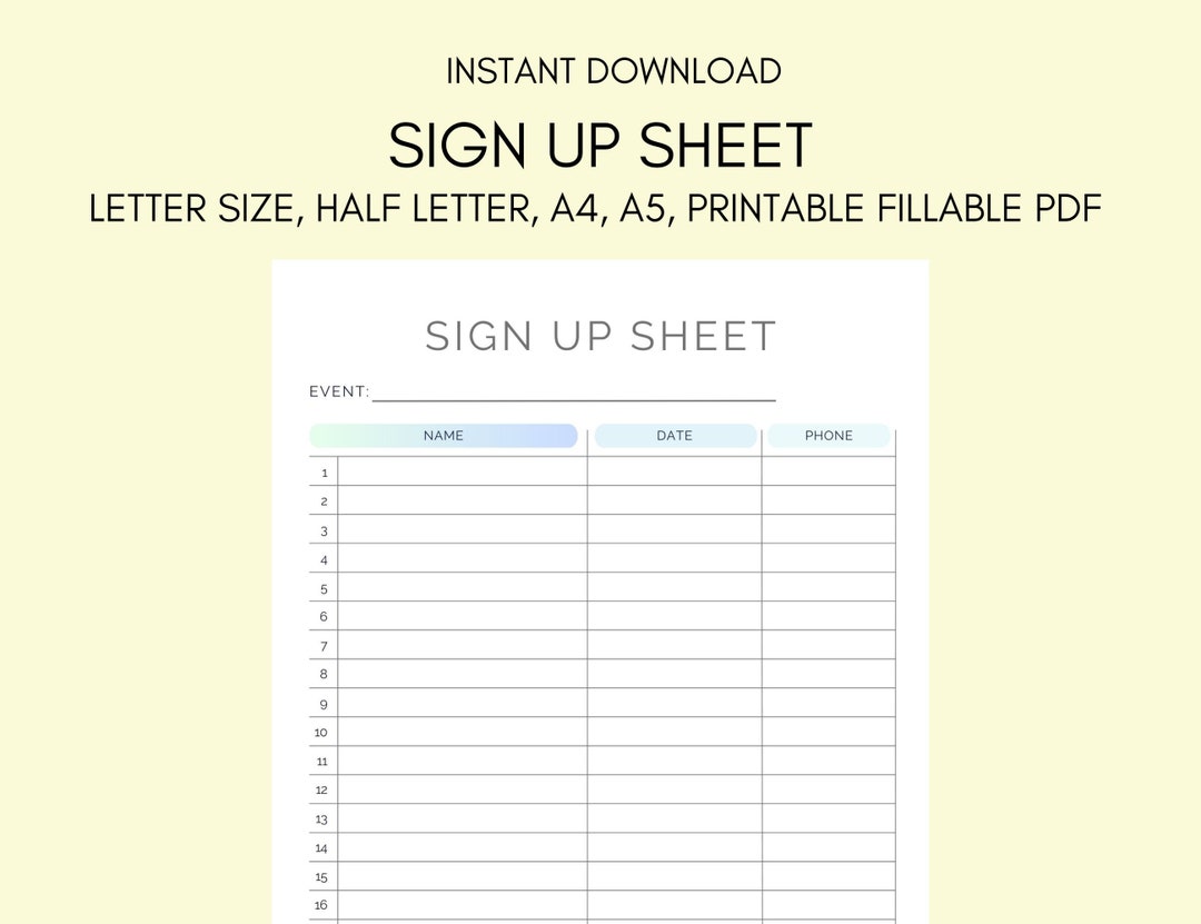 Sign up Sheet Blank Fillable Printable Template 8 5 X Etsy Sign up Sheet Blank Fillable Printable Template 8 5 X Etsy