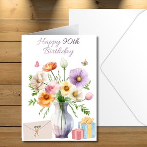 90th Birthday Printable Card |Happy Birthday Floral Card| Instant Digital Download Card | 5" x 7" | Greeting Card Template