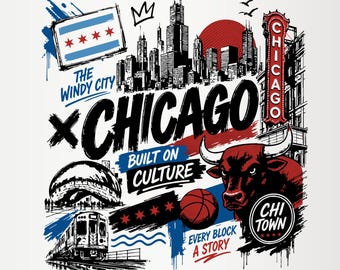 Chicago PNG, Windy City Skyline Clipart, Chi Town Bull Basketball, Chicago Flagge T-Shirt Design, DTF Sublimationsdatei, digitaler Download Kunst