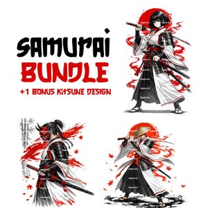 Könnte beinhalten: Digitales Kunstpaket mit Samurai-Kriegern in verschiedenen Posen. Die Illustrationen zeigen Samurai in traditioneller Kleidung mit Schwertern, vor roten und weißen Hintergründen. Der Text lautet "SAMURAI BUNDLE +1 BONUS KITSUNE DESIGN."