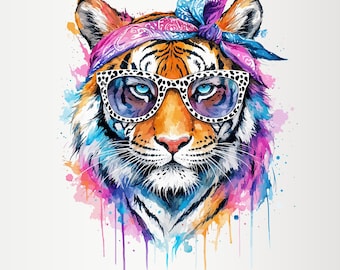 Glamouröser Tiger (PNG) | Schicker Tiger (PNG) | Glitzerndes Design | Alltagsdesigns | Exklusives PNG | Farbenfroher Tiger (PNG) | Tigergrafik | Tierdruckgrafik