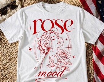 Rosstämning T-shirtdesign PNG | Estetisk blommig linjekonst | Vintage röd grafisk T-shirt