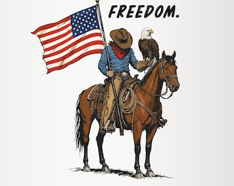 Patriotischer Cowboy (PNG), Sublimationsdesign mit amerikanischer Flagge, Western-Grafik zum 4. Juli, Weißkopfseeadler „Freedom“ (digitaler Download), Unabhängigkeit der USA