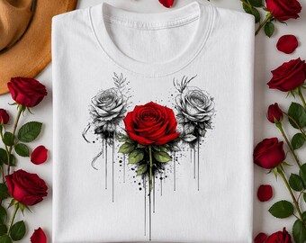 Digital nedladdning av röd ros - gotisk blommig sublimering PNG och svartvit clipart