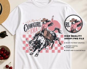 Digital nedladdning för cowgirl-eran | Western Rodeo Bull Rider Tee Design | Rosa sublimeringskonst