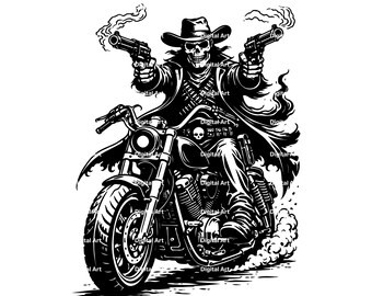 Skull Cowboy Biker SVG, Outlaw Skelett Motorcykel Clipart (Digital Nedladdning)