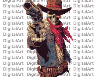 Vintage Cowboy Schädel PNG SVG, Wilder Westen Revolverheld Skelett (Digitaler Download)