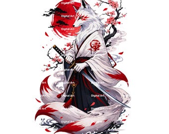 Kitsune Samurai PNG, Japanische Fuchs-Krieger-Kunst, Kirschblüten-Sublimationsdesign (Digitaler Download)