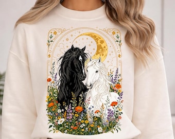Boho Pferde PNG - Schwarz weiße Wildblumen Mond Design (digitaler Download)