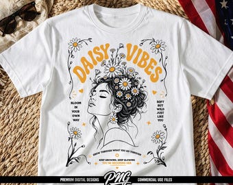 Daisy Vibes PNG-skjortdesign | Boho blommig kvinna linjekonst | Retro Daisy grafisk t-shirt
