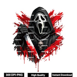 Halloween-skräckmask PNG, läskig mördaredesign, blodig knivgrafik, kuslig Halloween-tröja PNG, mördare PNG, direktnedladdning