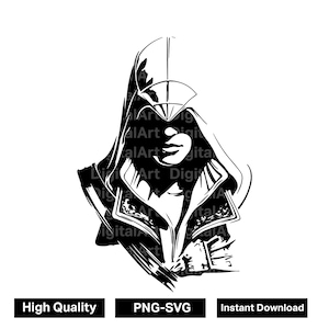 Puede incluir: Ilustración digital en blanco y negro de una figura con una chaqueta con capucha. La imagen incluye el texto "High Quality", "PNG-SVG" e "Instant Download". La obra de arte tiene un diseño estilizado con líneas nítidas y una estética minimalista.