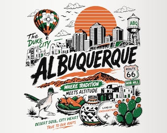 Vintage ABQ Stadsbild PNG | Retro Albuquerque Design | Route 66 Skyline Digital Nedladdning
