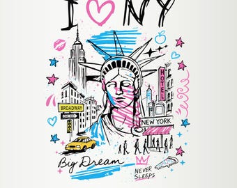 New York PNG-Sublimationsdesign, „I Love NY“-Grafik-T-Shirt, trendige City-Streetwear, Freiheitsstatue (digitaler Download)