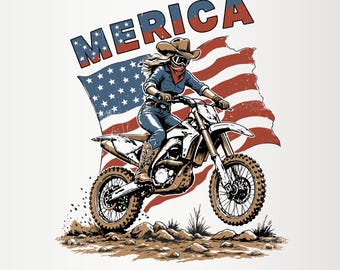 Amerika PNG, Dirtbike-Bikerin-Sublimation, Amerikanische Flagge zum 4. Juli, Retro-Patriotisches Motocross-Design (digitaler Download), T-Shirt-Design