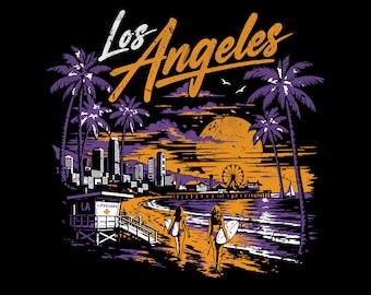 Retro-Sonnenuntergang in Los Angeles (PNG), Vintage-Stranddesign aus Kalifornien (Sublimationsdruck), T-Shirt-Grafik mit Palmenmotiv aus Los Angeles, digitaler Download zur kommerziellen Nutzung