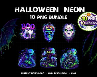 Neon Halloween PNG Bundle - Gruseliger Schädel, Geist, Hexe & Zombie Clipart für T-Shirts
